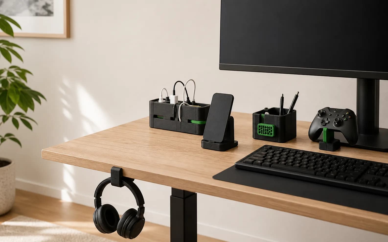 Góc làm việc hiện đại với cable dock, phone stand, controller stand và móc treo tai nghe in 3D